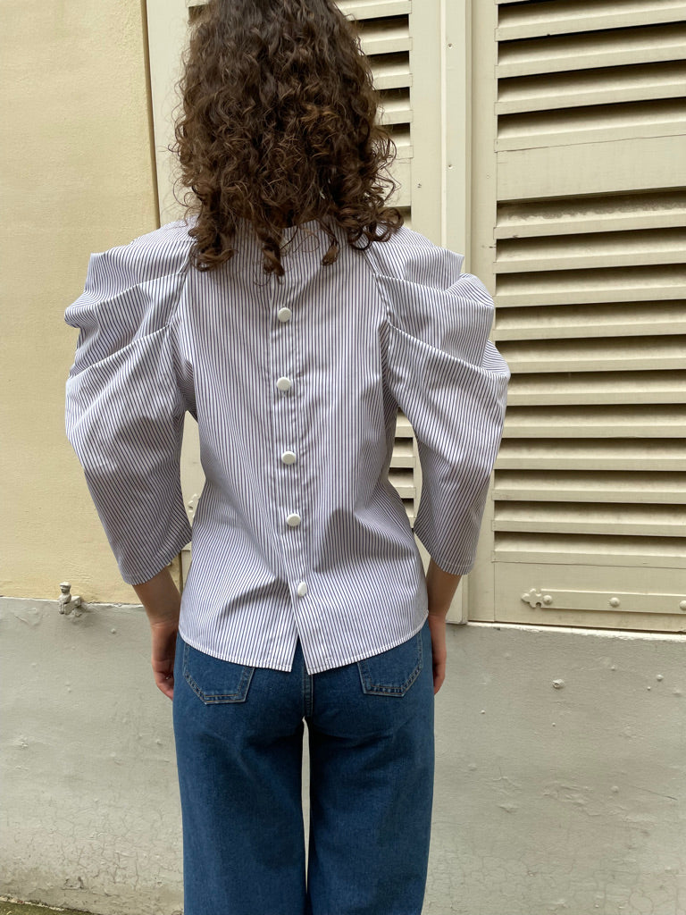 Uma - Pleated Sleeve Top-B & W Stripe