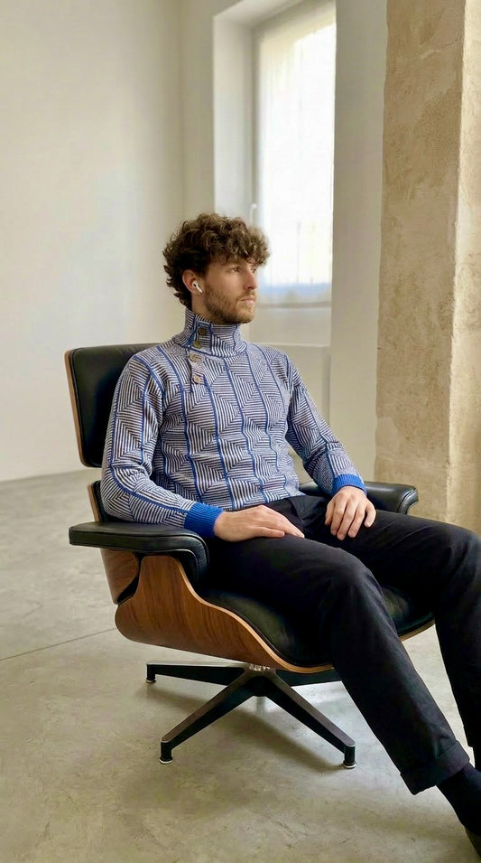 Loras - Geometric Jacquard Turtle Neck Sweater - Blue