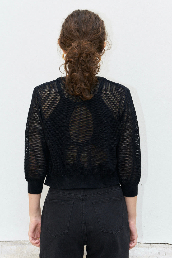 Orfea-Mesh Knit Crop Cardigan-Metallic Black