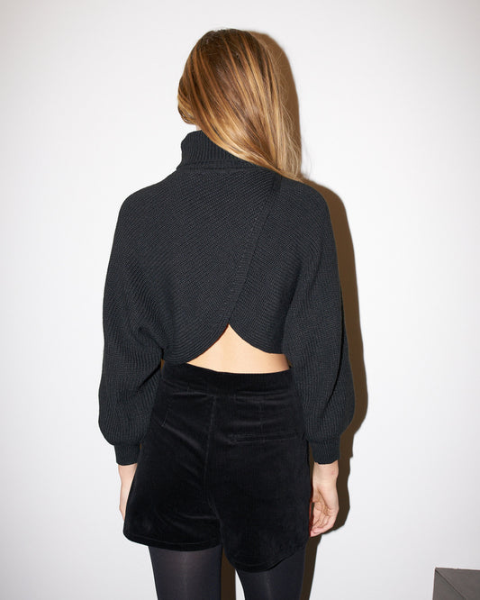 Ava - Crop Knit Petal Turtle Neck Sweater - Black