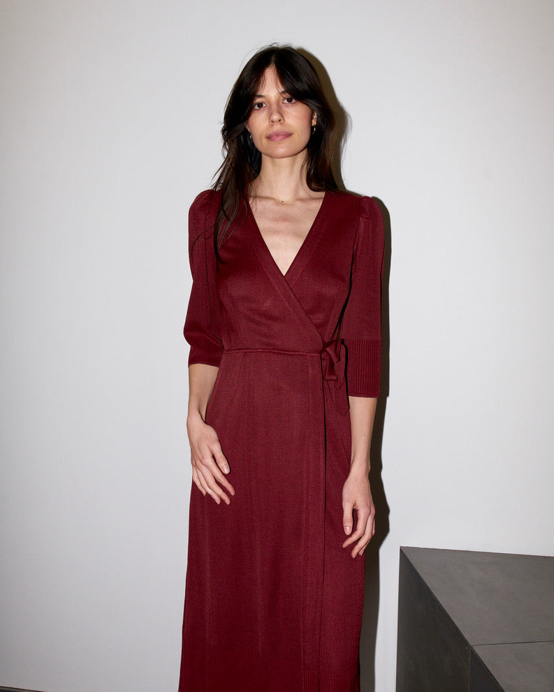 Arwaya - Silk Knit High Waist Wrap Dress - Dark Cherry