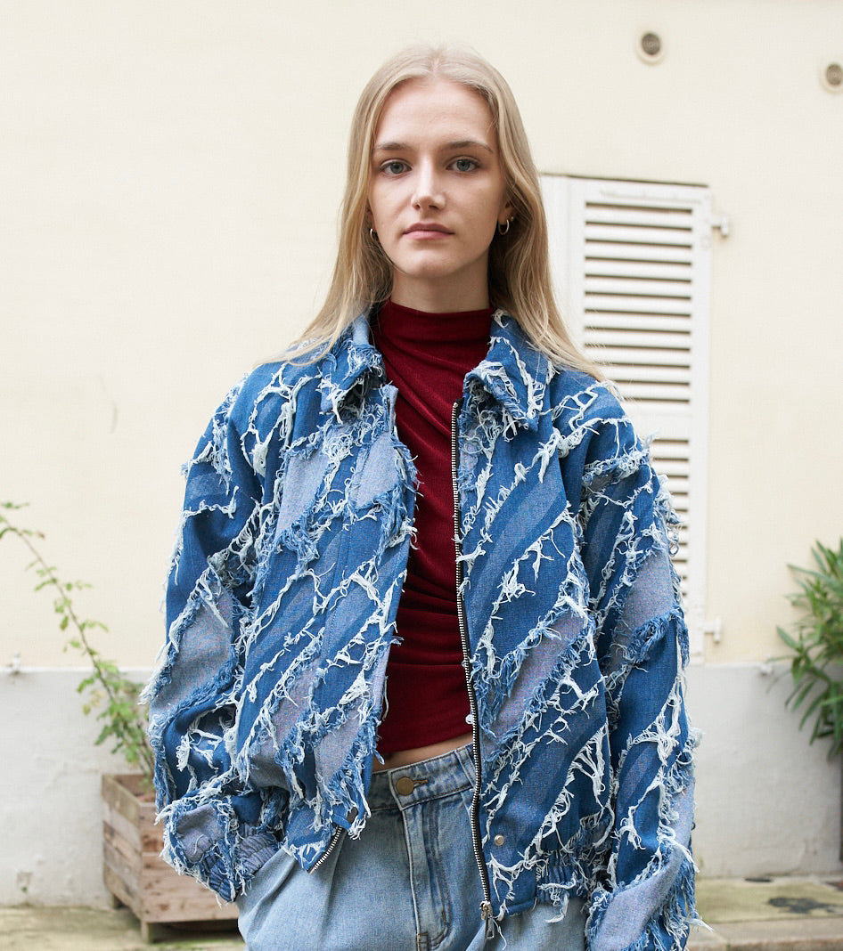 Grayson - Distressed Blue Denim Fringed Jacket