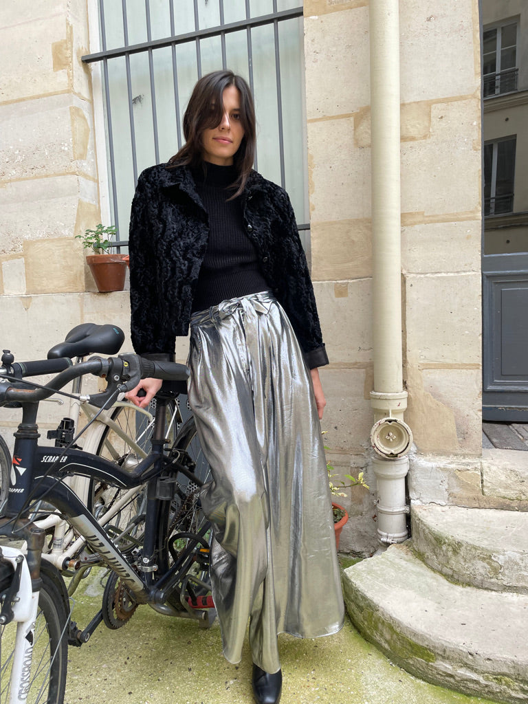 Dina - Silk Lamé Palazzo Pants - Silver