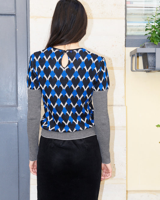 Helisandre-Graphic Jacquard Sweater-Blue/Cream/Black