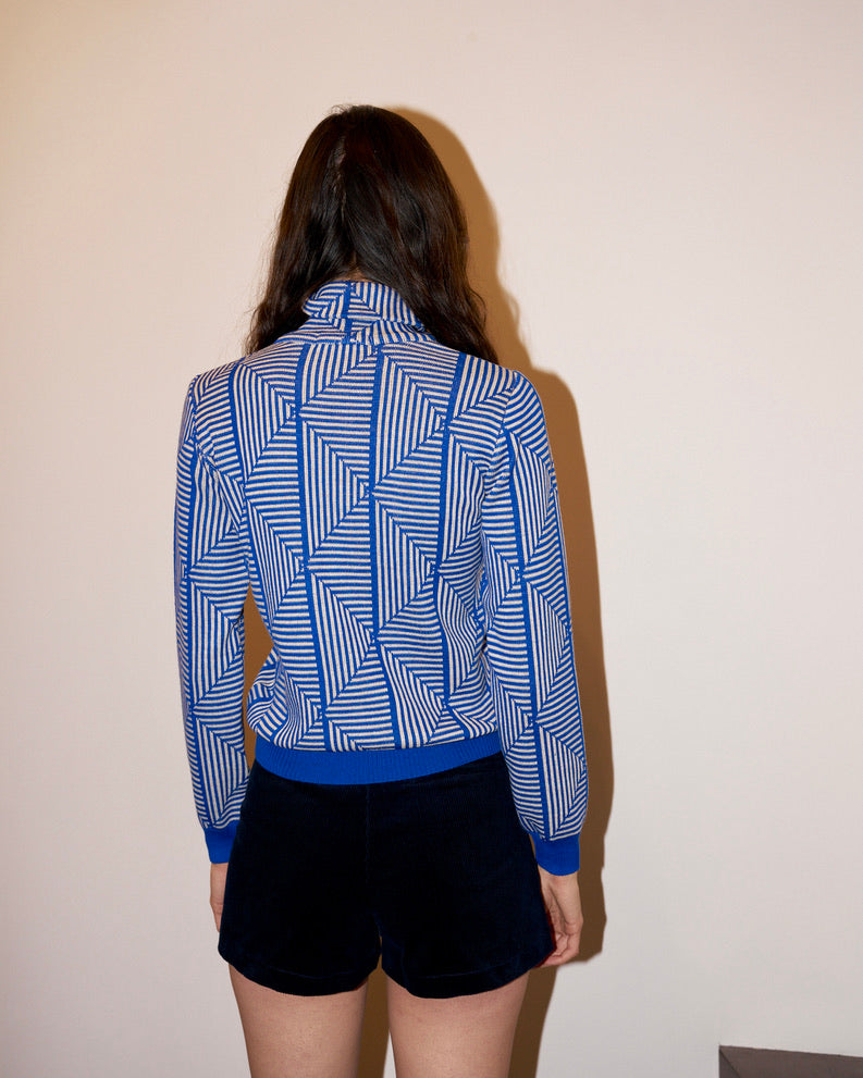 Lhara - Geometric Jacquard Turtle Neck Sweater - Blue