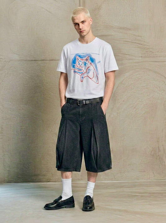 Colin - Contemporary Art Cat Print T-Shirt - White