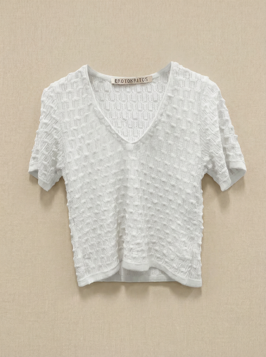 Selma - Textured V-Neck Cropped Sweater - White