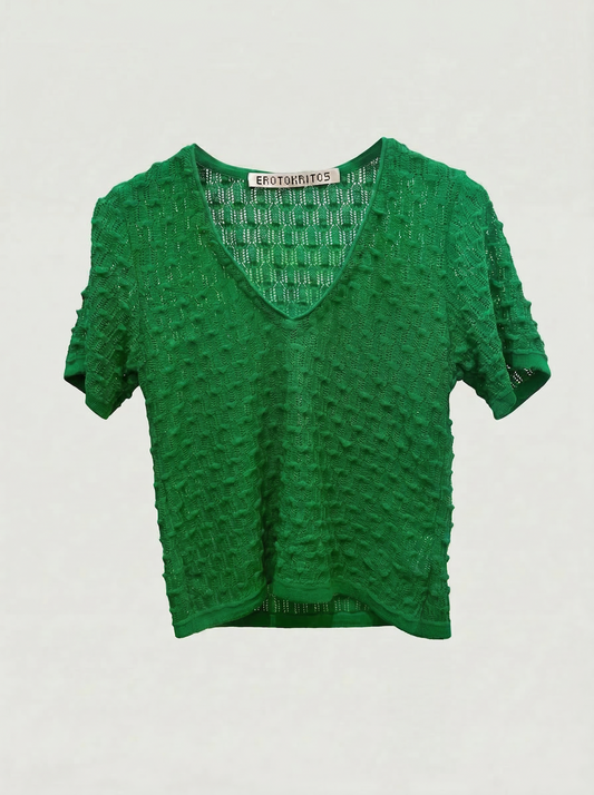 Selma - Textured V-Neck Cropped Sweater - Grass Green