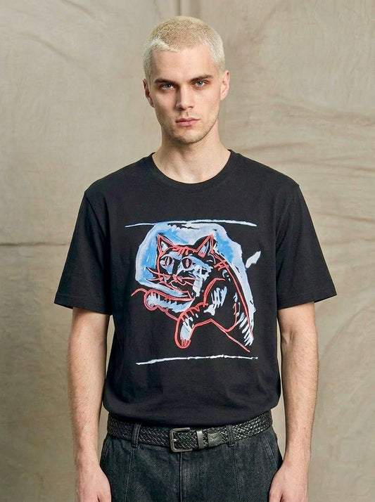 Colin - Contemporary Art Cat Print T-Shirt - Black