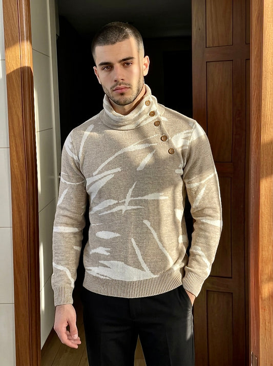 Loras - Paintbrush Jacquard Button - Neck Sweater