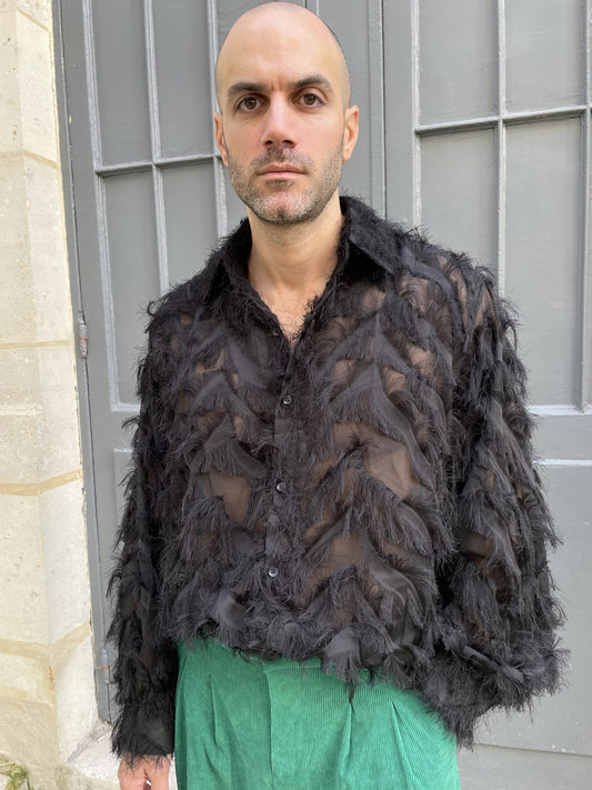 Wanda - Oversized Fringed Organza Shirt - Black