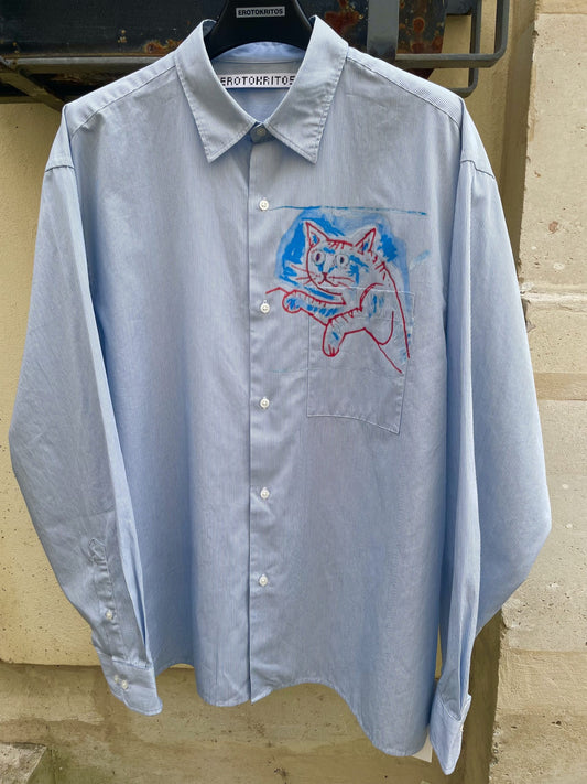 Chad - Cat Print Oversized cotton Shirt - Fine blue stripe