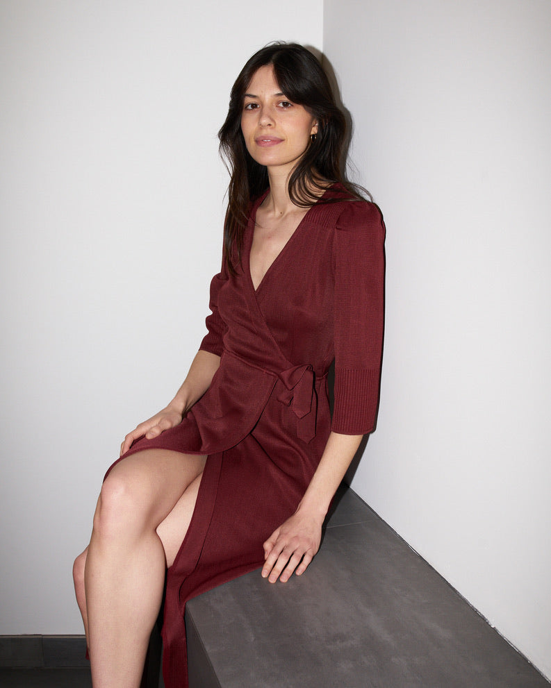 Arwaya - Silk Knit High Waist Wrap Dress - Dark Cherry