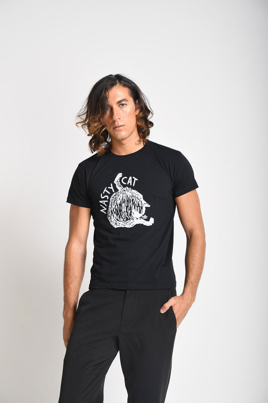 Nastycat M- T shirt printed with cat drawing-Black