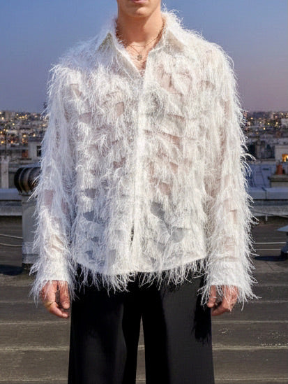 Wanda - Oversized Fringed Organza Shirt - White