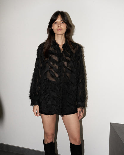 Wanda - Oversized Fringed Organza Shirt - Black - W