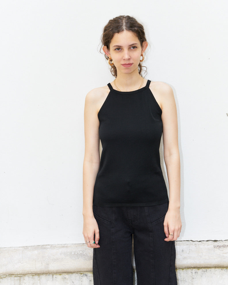 Nathy-Knitted Tank Top with Back Cut Outs-Black