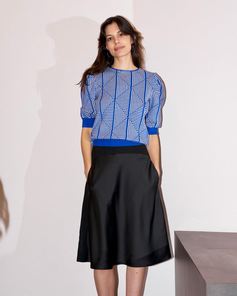Loreza - Puff Sleeve Geometric Jacquard Sweater - Blue/Ecru