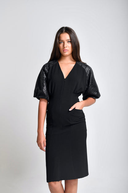 Talia - Constructed Crepe Dress with Brocade Balloon sleeves
