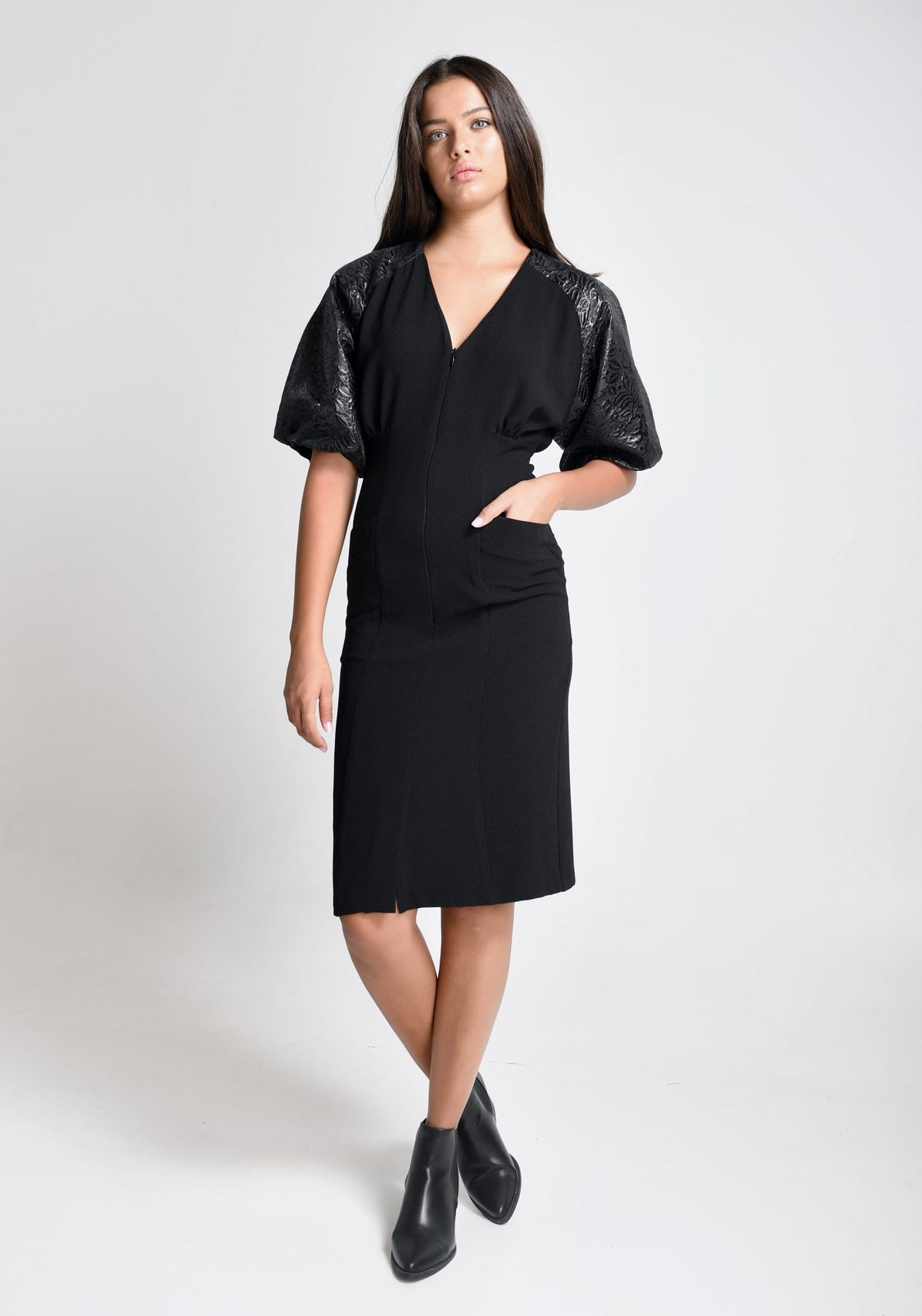 Talia - Constructed Crepe Dress with Brocade Balloon sleeves
