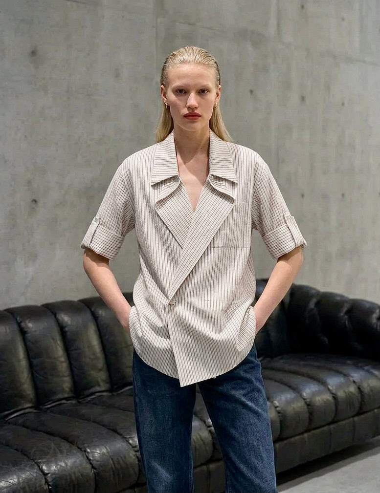 Etna - Striped Cotton Shirt with Draped Lapel