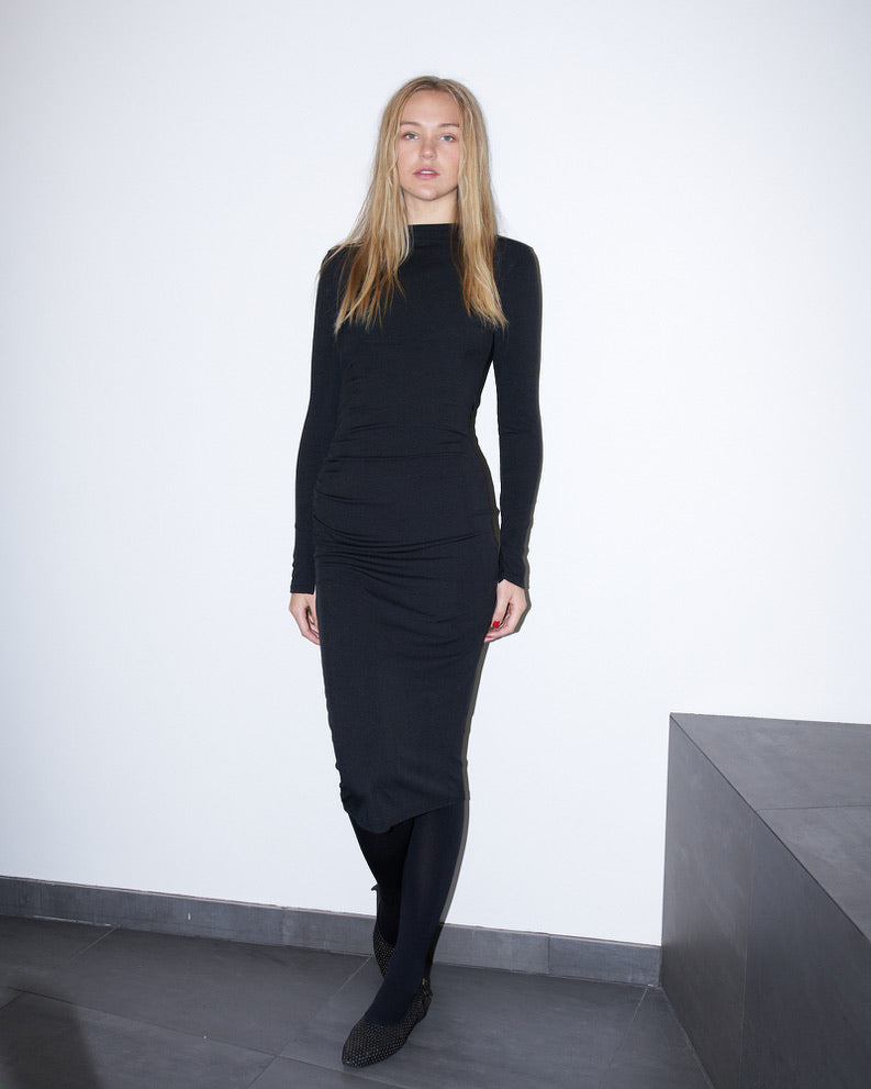 Ariana -  Bias cut Jersey Ruched Dress - Black