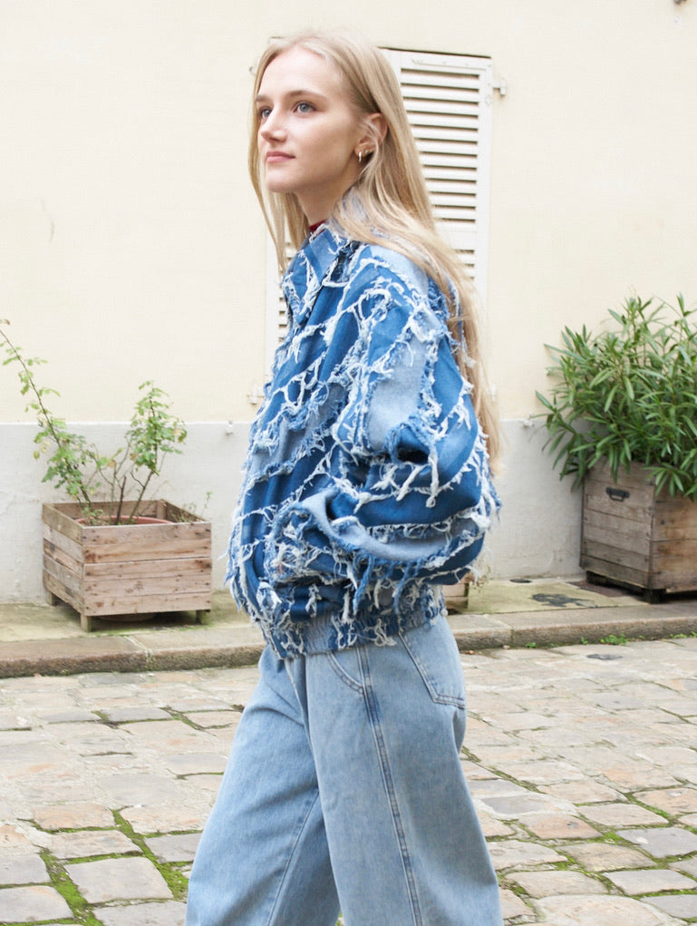 Grayson - Distressed Blue Denim Fringed Jacket