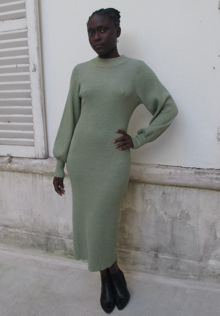Fedo Knit Rib Midi Dress -Pistachio