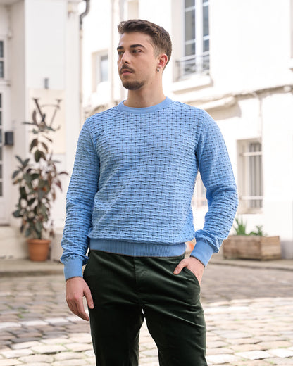 Bryce - Classic Fit Round Neck Basket Weave Knit Sweater - Light Blue