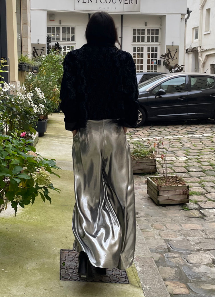 Dina - Silk Lamé Palazzo Pants - Silver
