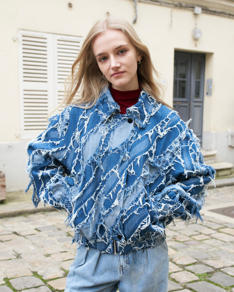 Grayson - Distressed Blue Denim Fringed Jacket