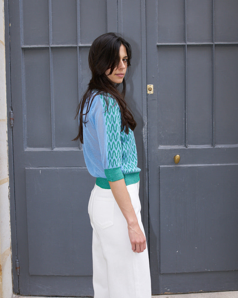 Slim - Wave Jacquard light Sweater - Green/Light Blue