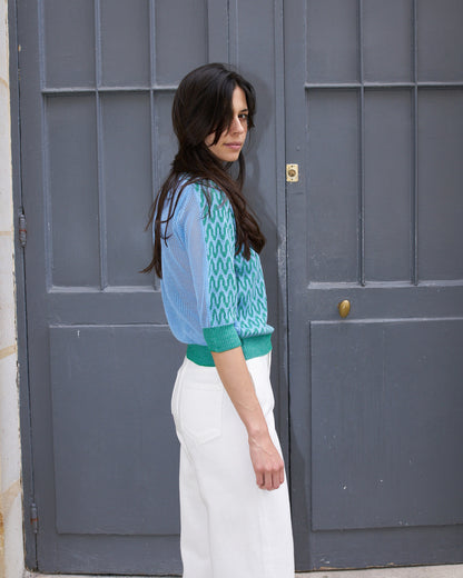 Slim - Wave Jacquard light Sweater - Green/Light Blue