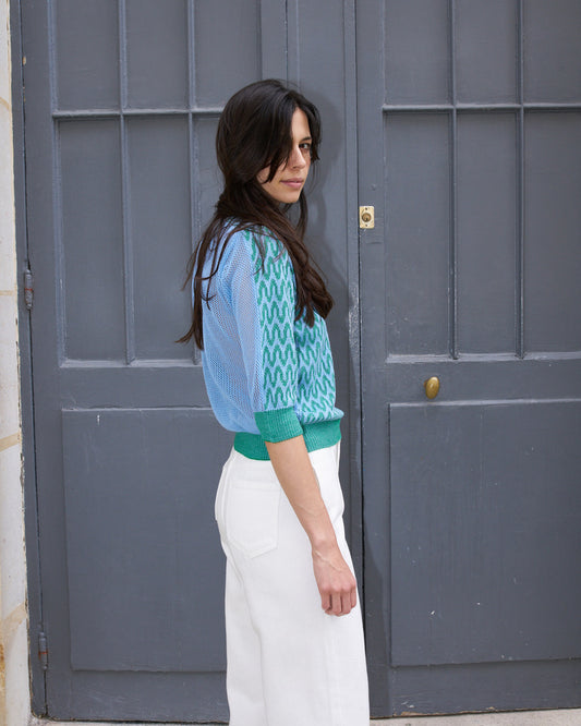 Slim - Wave Jacquard light Sweater - Green/Light Blue