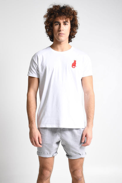 Colin - Contemporary Art Cat Print T-Shirt - White
