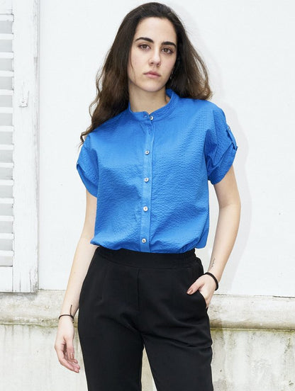 Rori-Seersucker Short Sleeve Shirt-Blue