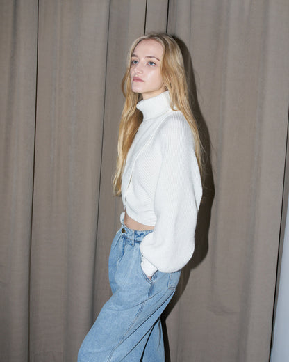 Ava - Crop Knit Petal Turtle Neck Sweater - Off White