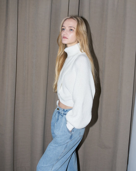 Ava - Crop Knit Petal Turtle Neck Sweater - Off White