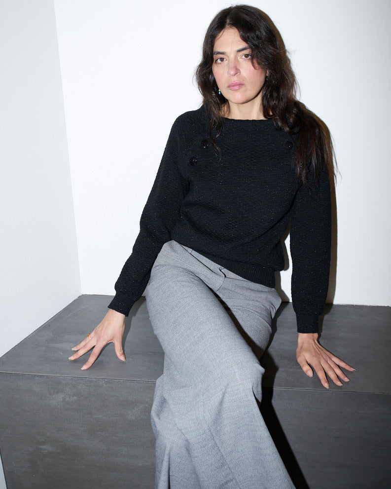 Arya - Textured Boat Neck Sweater - Black