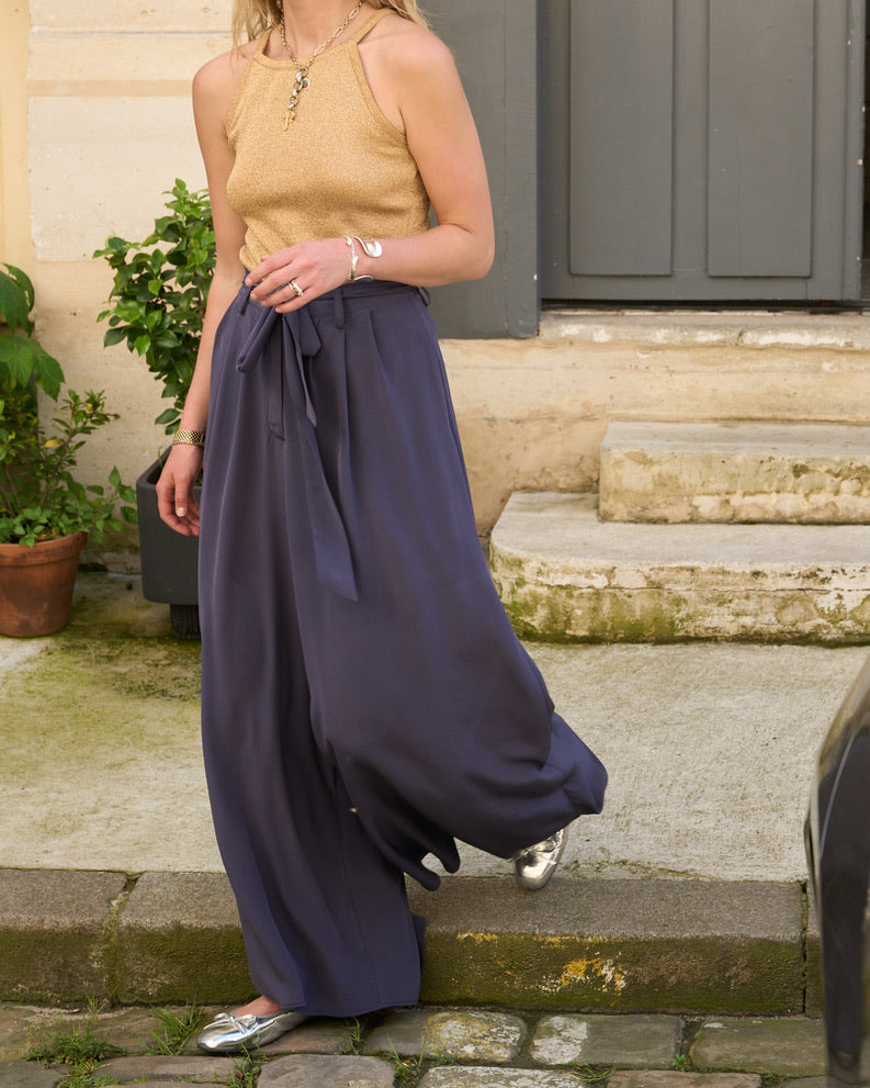 Dina - Silk Crepe de Chine Palazzo Pants - Moody Blue
