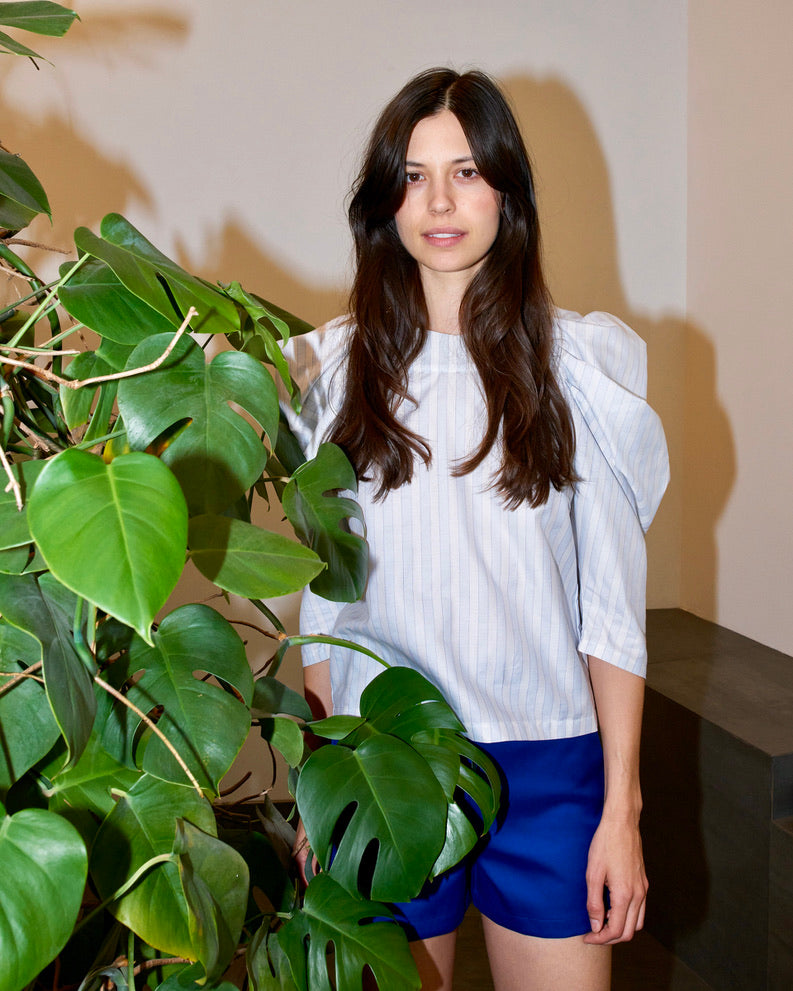 Uma - Pleated Sleeve Top - Pastel Blue White Stripe