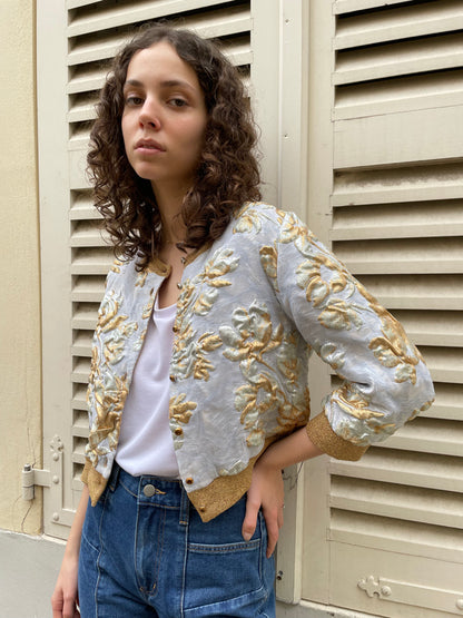 Selina - Silk Brocade Crop Jacket in Gold & Silver Floral Pattern