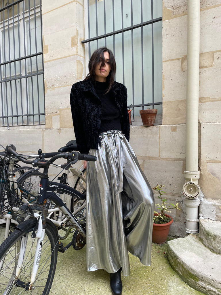 Dina - Silk Lamé Palazzo Pants - Silver