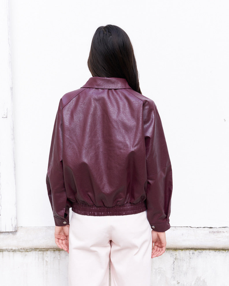 Ramon-Oversized Vegan Leather Retro Jacket-Burgundy
