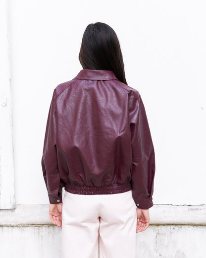 Ramon-Oversized Vegan Leather Retro Jacket-Burgundy