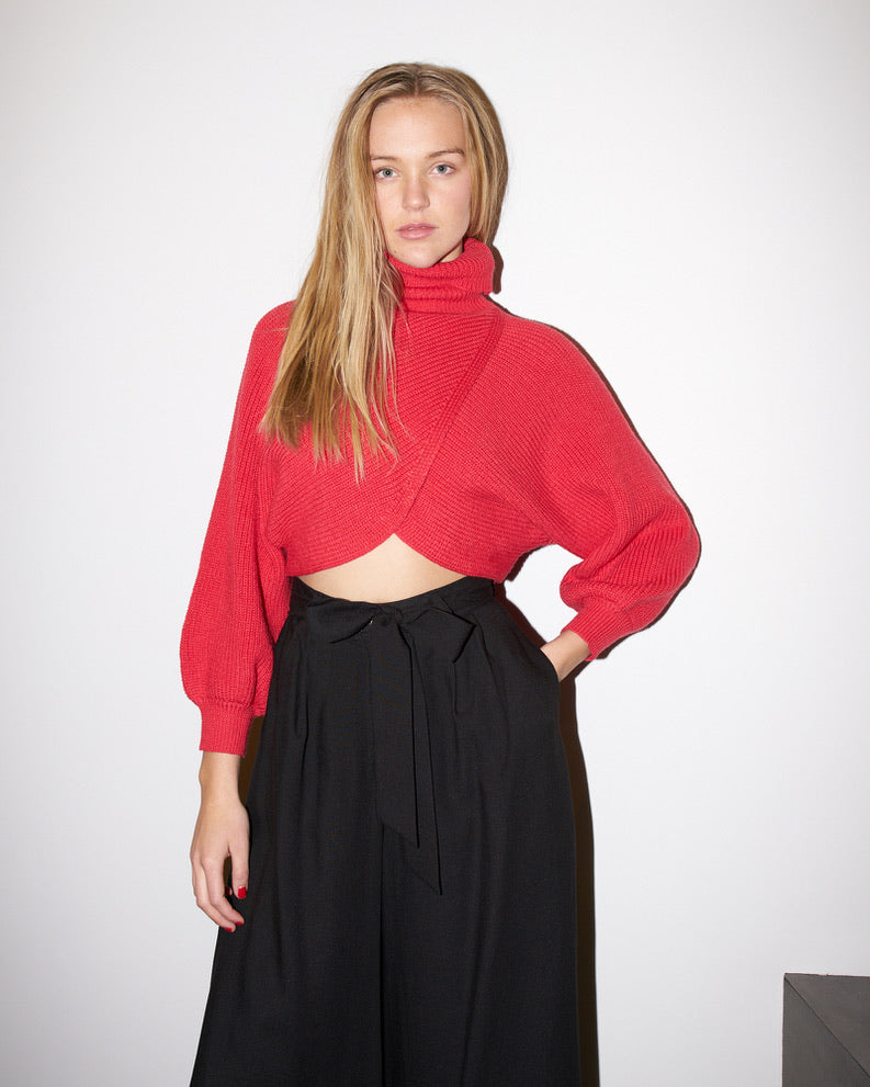 Ava - Crop Knit Petal Turtle Neck Sweater - Red