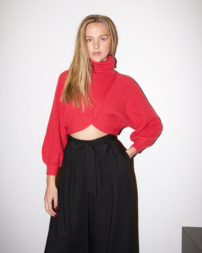 Ava - Crop Knit Petal Turtle Neck Sweater - Red
