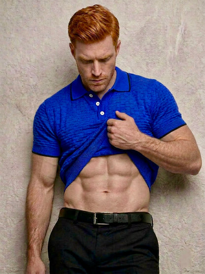 Peter - Textured Knit Polo Shirt - Cobalt blue