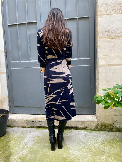 Arwaya - Midi Wrap Dress – Night Blue Paintbrush Motif