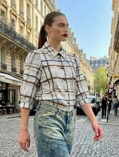 Trixie - Seersucker Shirt With Puffy Sleeves - Plaid